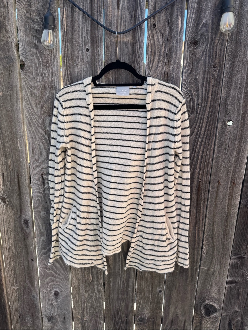Sea New York Cashmere Striped Open Front Hooded Sweater large Cream and black